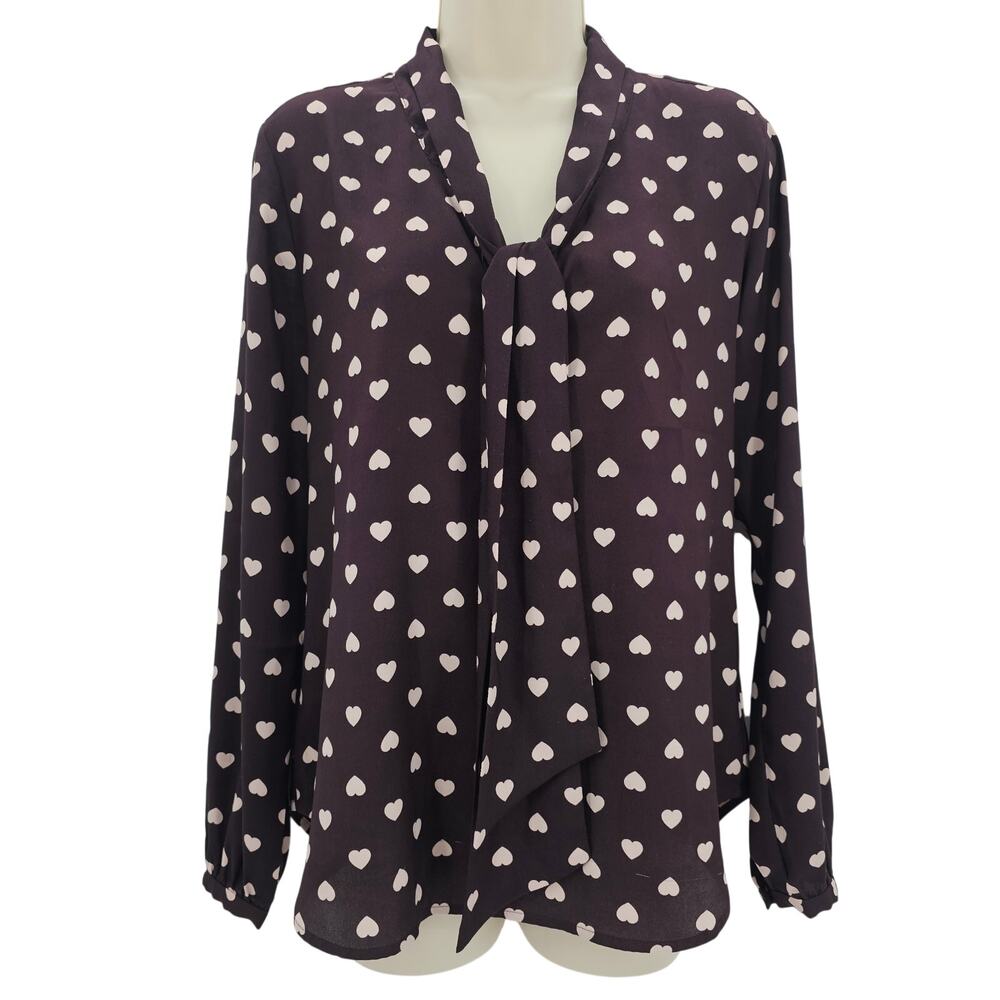 Loft Womans size S Long Sleeve Tie Neck All Over Heart Print Blouse Brown/Tan